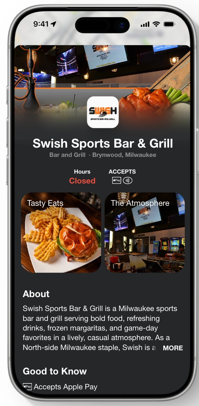 Swish Sports Bar · Apple Maps business-profile presentation