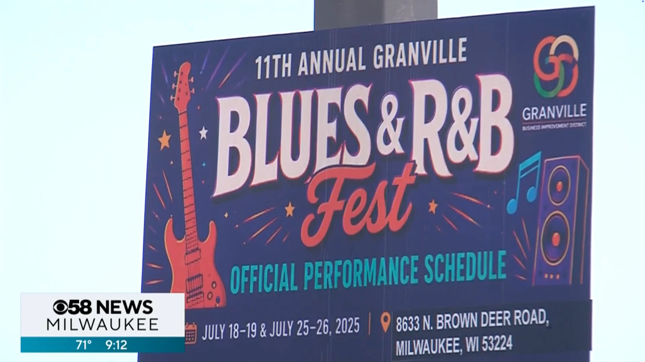 Supplied CBS 58 broadcast still showing the Granville performance schedule banner during festival coverage