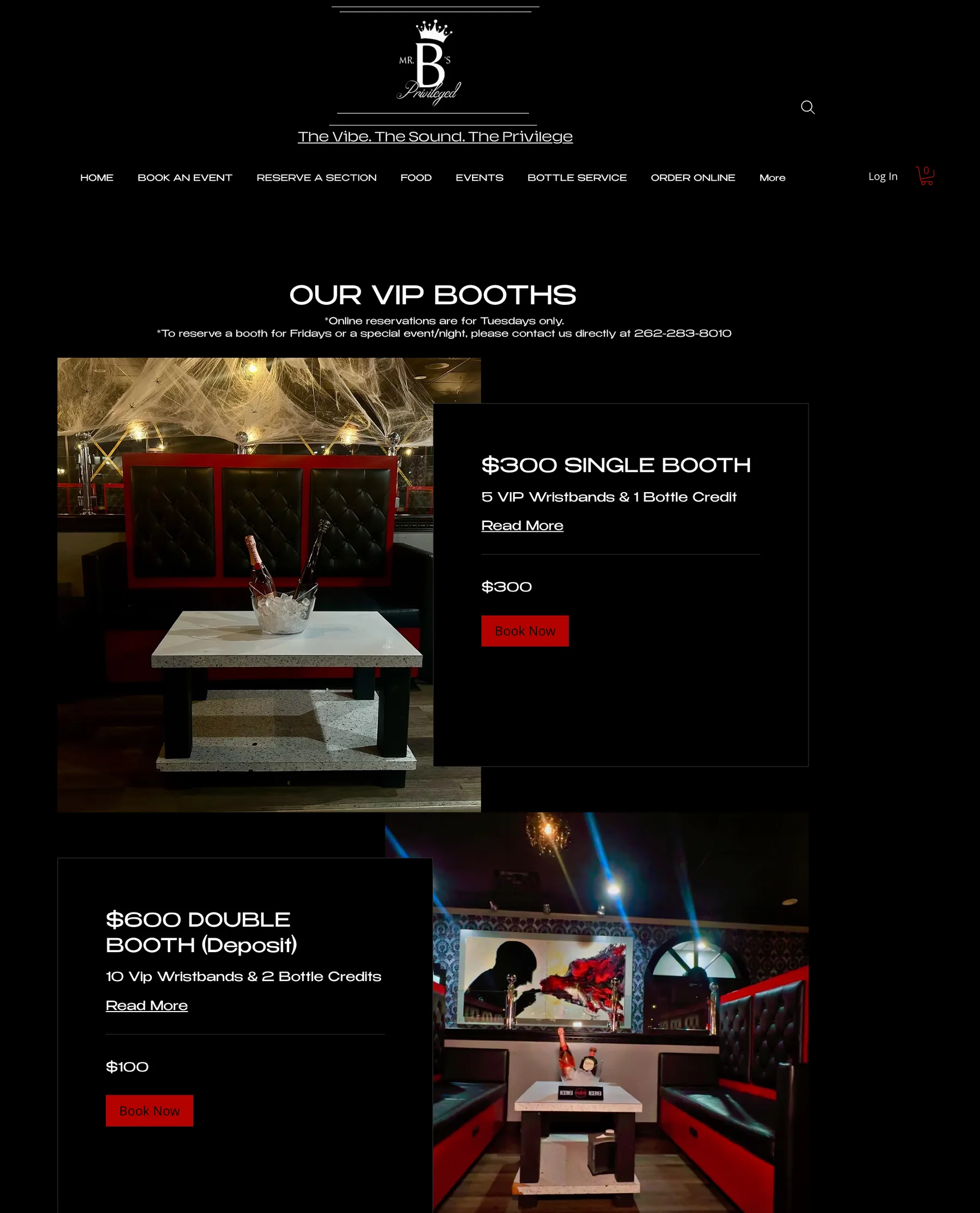 VIP reservation page · Booth options, bottle credits, deposit information, and booking calls to action